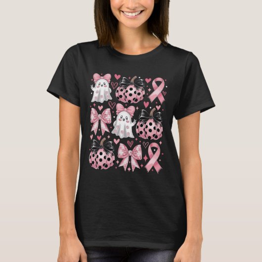 レトロかわいい幽霊コケットピンクボウ乳癌H Tシャツ (正面)