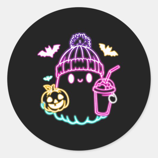 レトロかわいい幽霊コーヒー飲み不気味ハロウィーン ラウンドシール (正面)