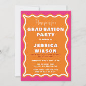 レトロかわいい波状ピンクのオレンジの写真卒業 招待状 (正面)