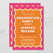 レトロかわいい波状ピンクのオレンジの写真卒業 招待状 (正面/裏面)