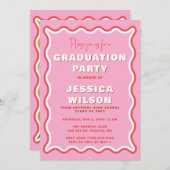 レトロかわいい波状ピンク赤の写真卒業 招待状 (正面/裏面)