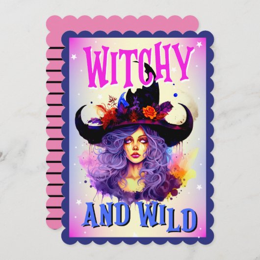 レトロかわいい紫ウィッチハーロウィーンカード サンキューカード (正面/裏面)