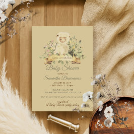 レトロかわいい羊の子羊の植物性ベビーシャワー 招待状