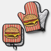 レトロかわいらしアートハンバーガー赤いストライプマザー 鍋つかみ&鍋敷きセット (正面/裏面)