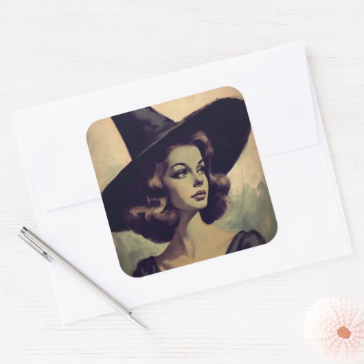 レトロかわいらしウィッチハットヴィンテージのウィッチ絵を描 スクエアシール (封筒)