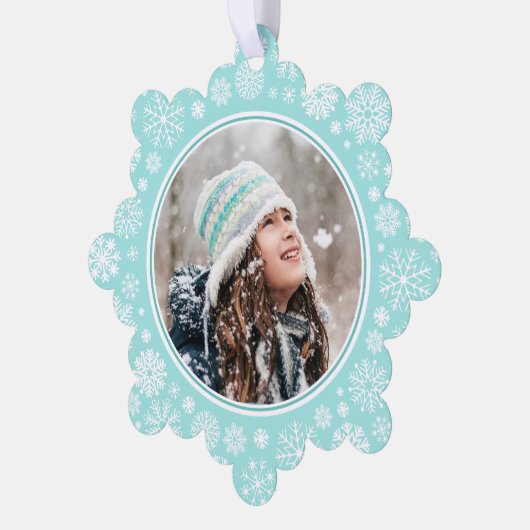 レトロかわいらしスノーフレーク写真クリスマスホリデー オーナメントカード (左)