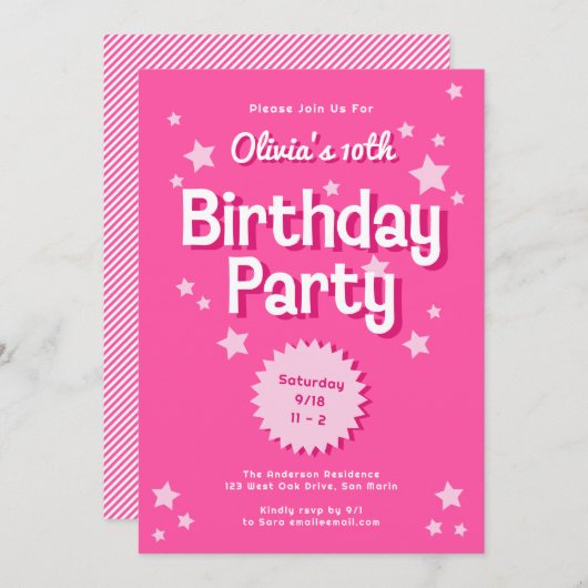 レトロかわいらしピンクスターズバースデーパーティー 招待状 (正面/裏面)