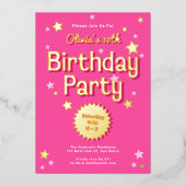 レトロかわいらしピンクスターズバースデーパーティー 箔招待状 (正面)