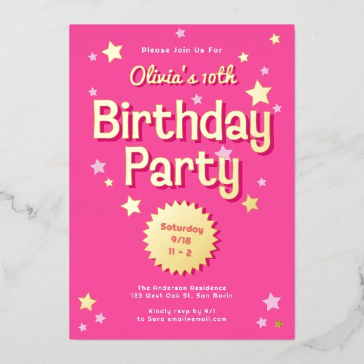 レトロかわいらしピンクスターズバースデーパーティー 箔招待状 (正面)