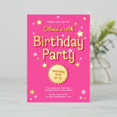 レトロかわいらしピンクスターズバースデーパーティー 箔招待状 (立ち正面)