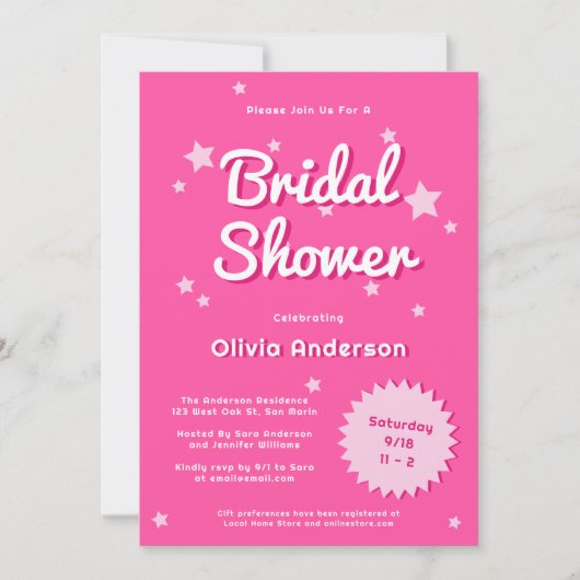 レトロかわいらしピンクスターズブライダルシャワー 招待状 (正面)