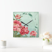 レトロかわいらしフラワーホームデコーチンツピーニーンバード スクエア壁時計 (ホーム)
