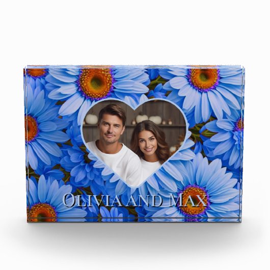 レトロかわいらしブルーフローラブルーデイジーパターン フォトブロック (正面)