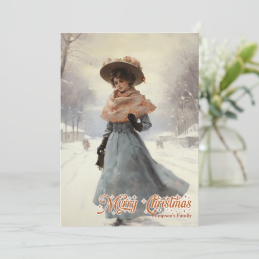 レトロかわいらしヴィンテージの女性の雪のクリスマスシティ シーズンカード (スタンド正面)