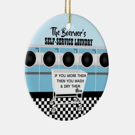 レトロが仕事をするセルフサービス洗濯 セラミックオーナメント (右)