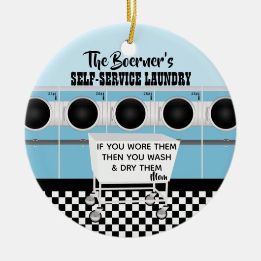 レトロが仕事をするセルフサービス洗濯 セラミックオーナメント (正面)