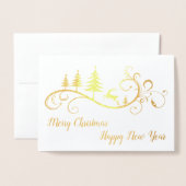 レトロが赤いクリスマスに鹿を舞う 箔カード (封筒付き正面)