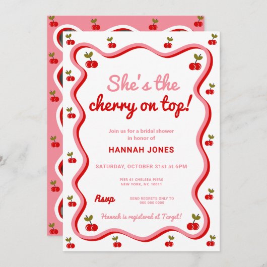 レトロさくらんぼオントップバレンタインブライダルシャワー 招待状 (正面/裏面)