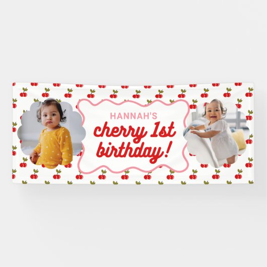 レトロさくらんぼ1st誕生日フォトパーティーバナー 横断幕 (横)