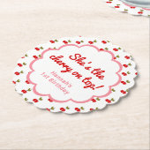 レトロさくらんぼ1st誕生日フォトパーティーレトロピンク ペーパーコースター (アングル)