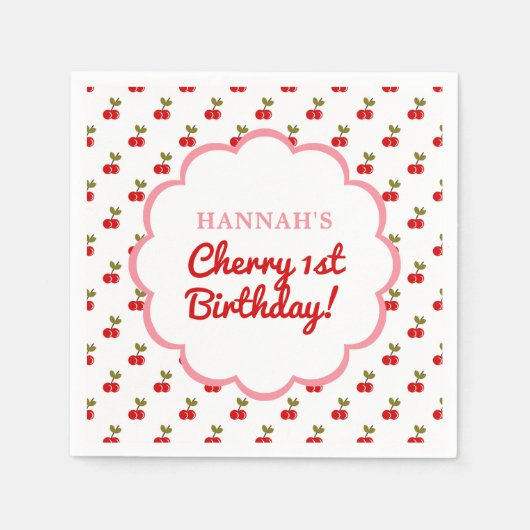 レトロさくらんぼ1st誕生日フォトパーティー スタンダードカクテルナプキン (正面)