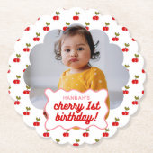 レトロさくらんぼ1st誕生日フォトパーティー ペーパーコースター (正面)