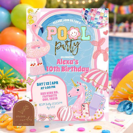 レトロでおしゃれなプールパーティーの女の子の誕生日招待状 招待状