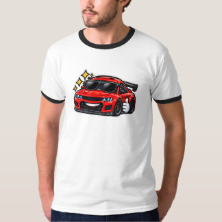 レトロでおもしろい車の柄のラグランTEE | レッド クールカー Tシャツ