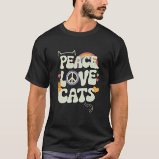 レトロでお茶目な猫好きのための70年代風グッズ 猫 平和 愛 Tシャツ