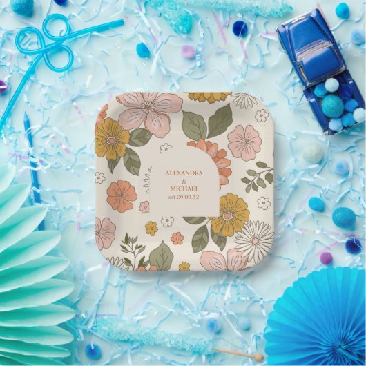 レトロでかっこいい70年代風のミュートカラーウェディング ペーパープレート (パーティー)