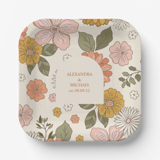 レトロでかわいい70年代風のミュートカラー結婚式 ペーパープレート (正面)