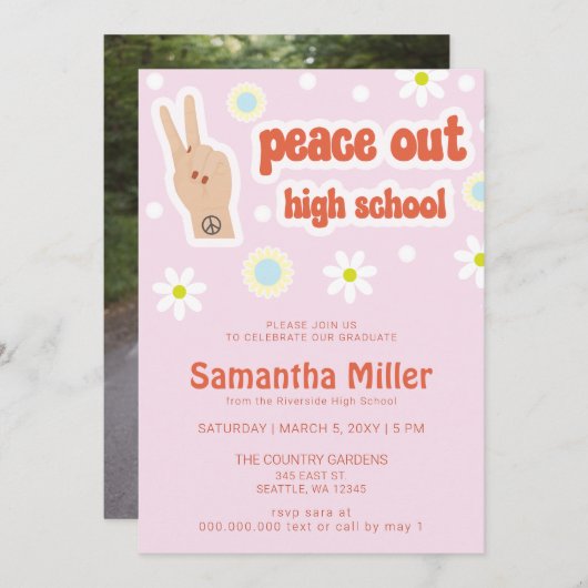 レトロでかわいい70年代80年代ヒッピーの写真 卒業 招待状 (正面/裏面)