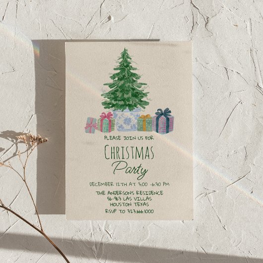 レトロでカラフルなクリスマスプレゼントツリーパーティー 招待状