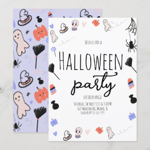 レトロでグルービーなハロウィンパーティーのヴィンテージドゥードル 招待状