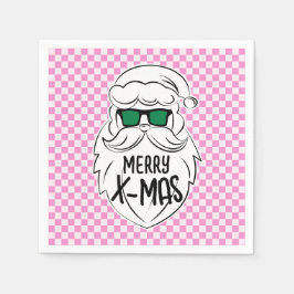 レトロでグルービーなピンクの市松模様のサンタクロースのクリスマス スタンダードカクテルナプキン