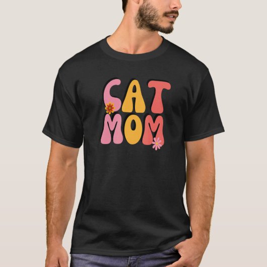 レトロでグルーヴィなお花の猫ママ Tシャツ (正面)