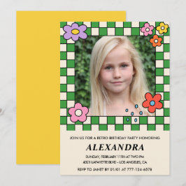 レトロでグルーヴィーなお花の9歳の誕生日招待状 招待状