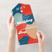 レトロでグルーヴィーなカラフルな結婚式 オールインワン招待状 (貼ってはがせる)