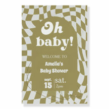 レトロでグルーヴィーなチェック柄のグリーンの"Oh Baby" ウェルカムサイン 