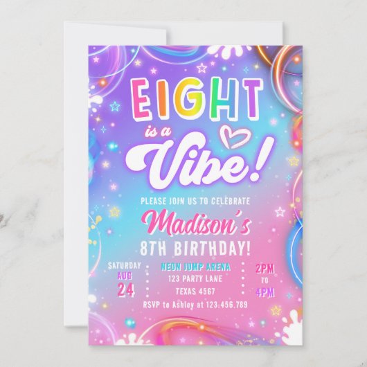 レトロでグルーヴィーなネオンの女の子の誕生日 Eight is a Vibe 招待状 (正面)
