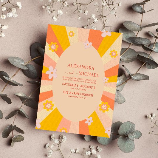 レトロでグルーヴィーな70年代風オレンジイエローの結婚式 招待状
