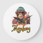 レトロでビンテージな雰囲気の「Peace Out Monkey」デザイン ラージ壁時計 (正面)