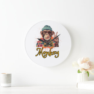 レトロでビンテージな雰囲気の「Peace Out Monkey」デザイン ラージ壁時計
