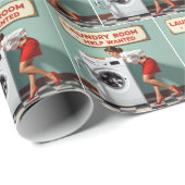 レトロでランドリー救済シーの看板を持つ女性 ラッピングペーパー (ロールコーナー)