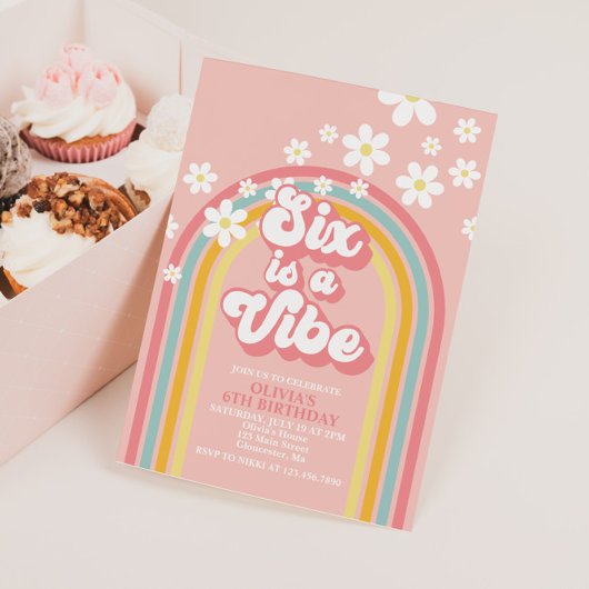 レトロでレインボーな6歳の誕生日おめでとう SIX is a Vibe 招待状