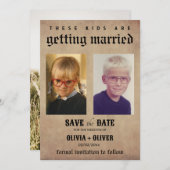 レトロでヴィンテージな雰囲気が漂う、子供たちの結婚式 セーブザデート (正面/裏面)