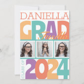 レトロで大胆なオーバーサイズの3枚の写真を使った卒業パーティー 招待状 (正面)