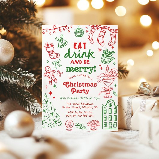 レトロで愛らしい赤と緑のクリスマスパーティー 招待状