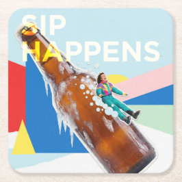 レトロで楽しいコースター「Sip Happens」 スクエアペーパーコースター