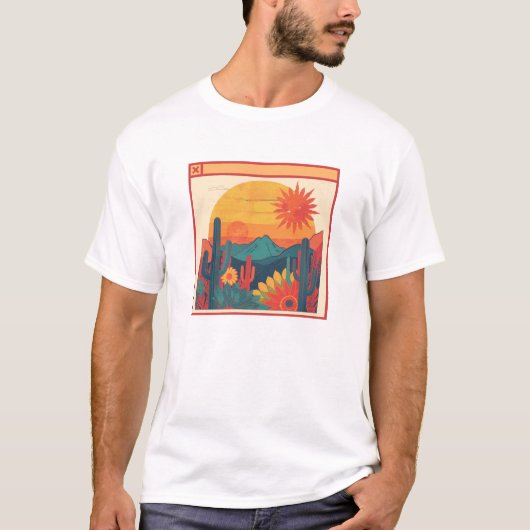 レトロで遊び心のあるボホスタイルのサンセット風景 Tシャツ (正面)